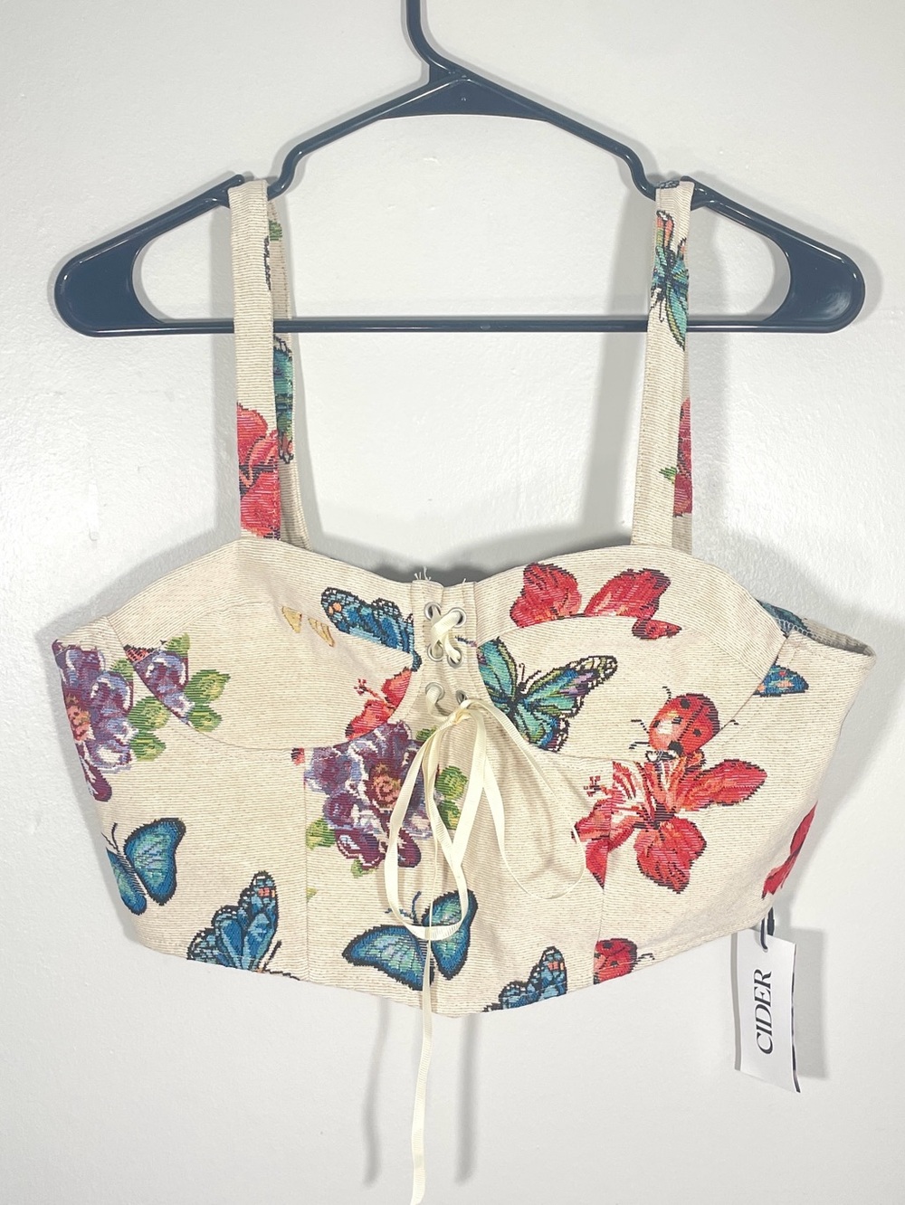 Cider Butterfly Floral Tapestry Corset Crop Top Bustier Lace-Up Front NWT - Picture 2 of 11